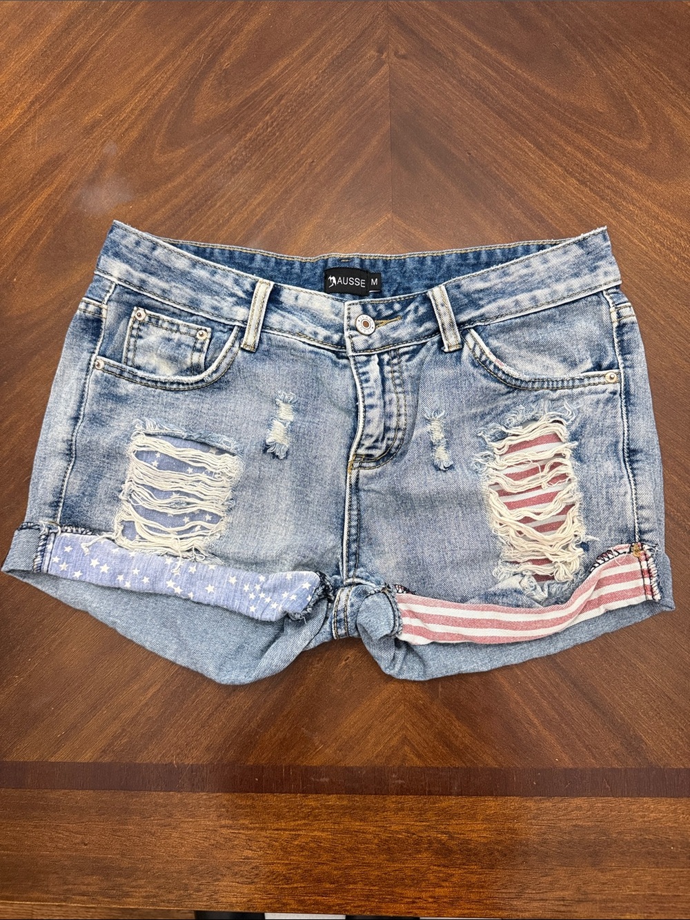 Aussie Distressed Denim Shorts with Flag Accent Size M